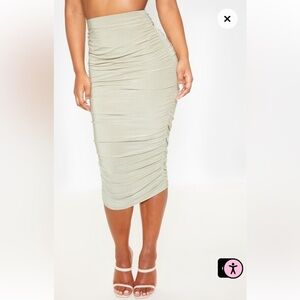 Pretty Little Thing Sage Green Slinky Second Skin Ruched Midi Skirt size US 6/ M